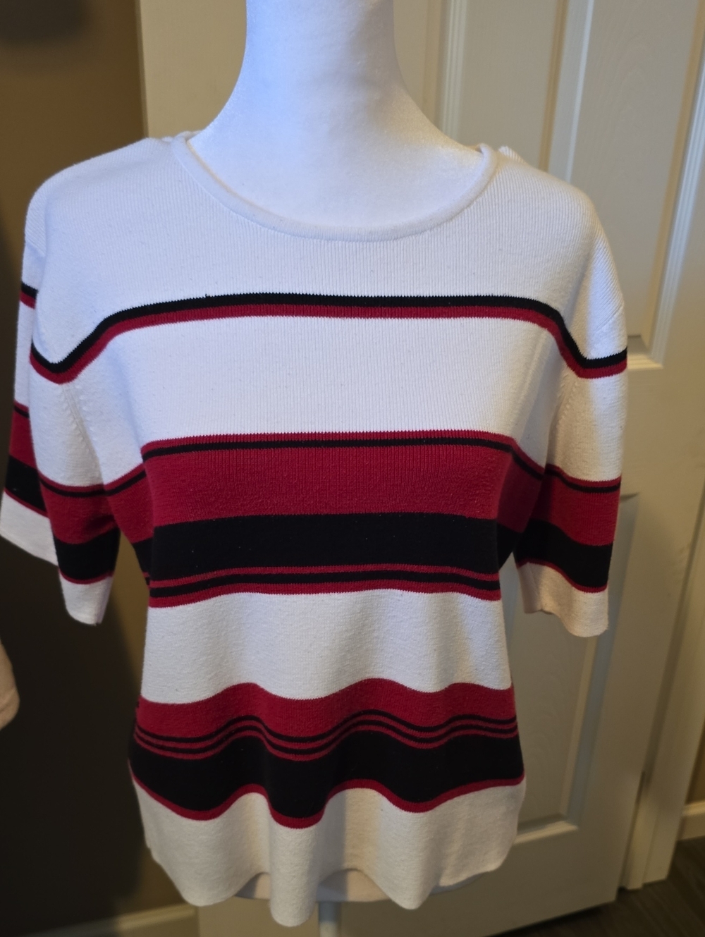 Sag Harbor Women’s Striped Short Sleeve Cotton Top - White, Red & Black